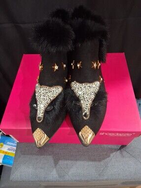 Black Fur-Trim Crystal Embellished Pointed Mules